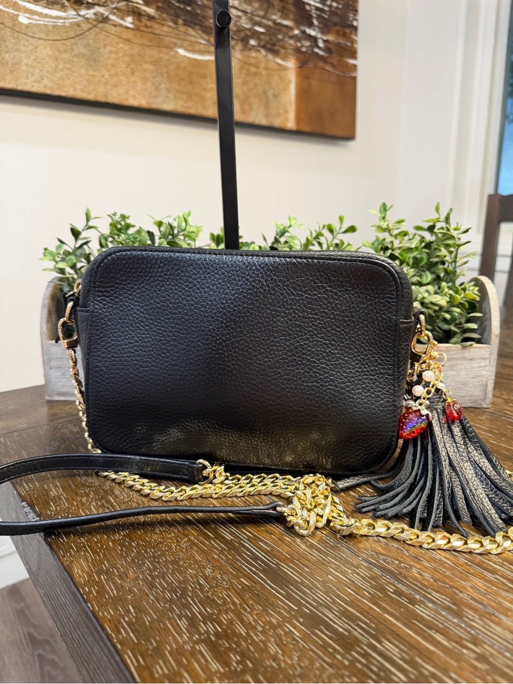 14th & Union Black Leather Crossbody Bag with Gold Chain, Tassel and Bag Charm - Picture 2 of 6